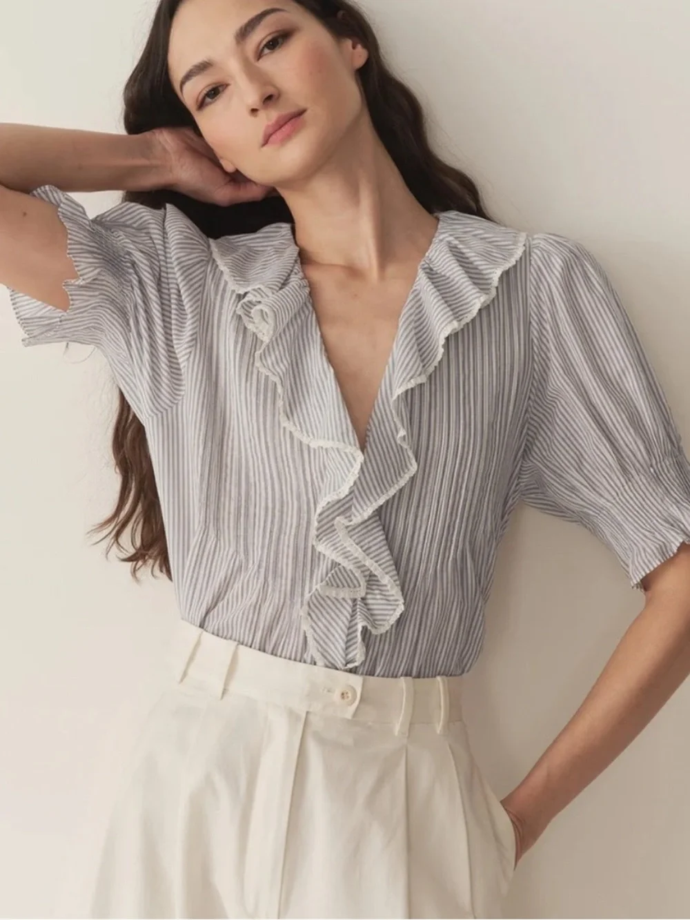 Doen Henri Cotton Ruffle Trim Pintuck Short Puff Sleeve Top Adelaide Stripe Blue